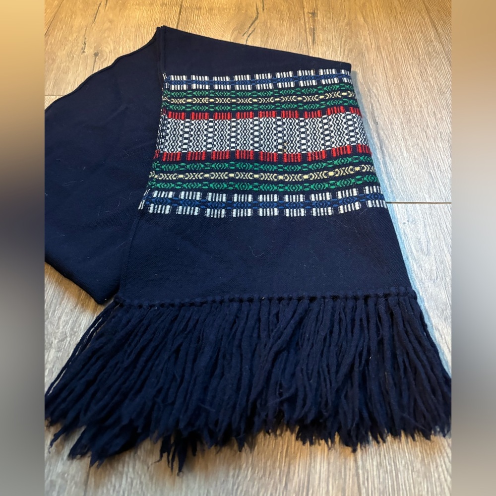 Wool Navy Patterned Scarf Wrap Handmade Fringe Cozy Winter Hygge Oversized - Picture 3 of 8